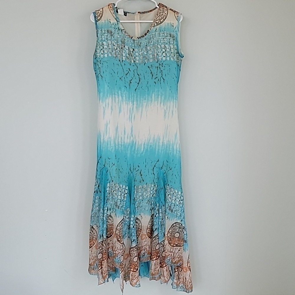 Connie's Moonlight sleeveless dress in browns & blues. With shrug jacket small - Picture 14 of 15